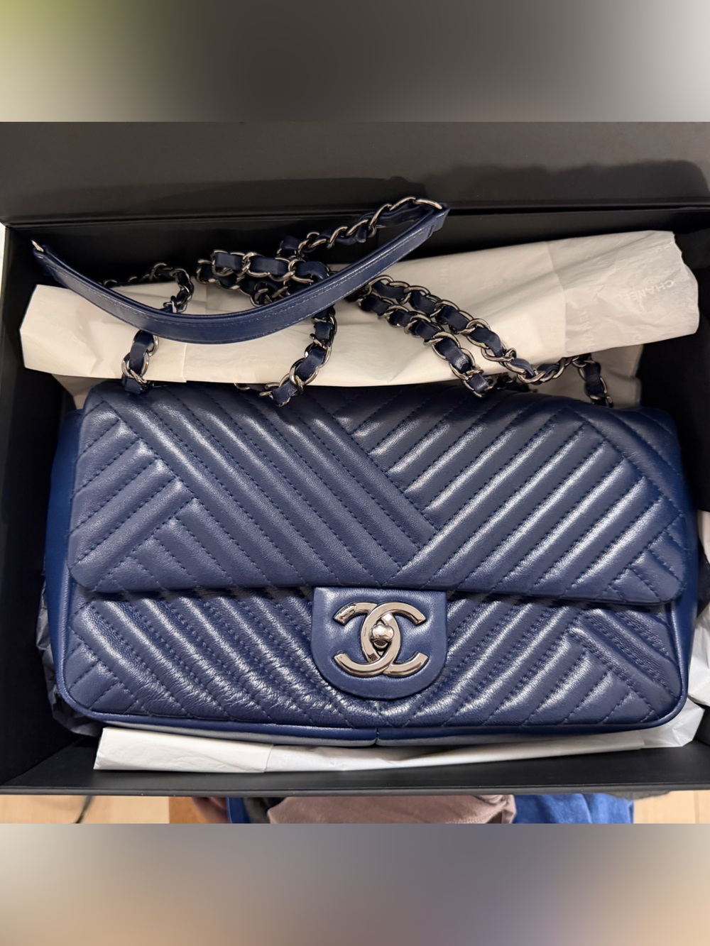 CHANEL Navy Chevron Quilted Shoulder Flap Bag with Silver CC